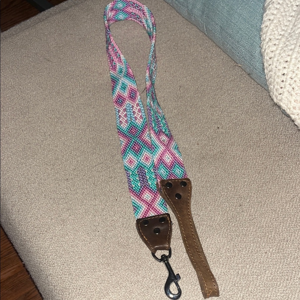 Colorful Woven Dog Collar with Brown Leather Accents.
